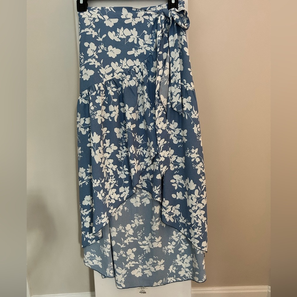 Pink Lily Blue Wrap Floral Midi Skirt